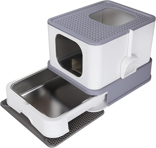 RIZZARI Stainless Steel Cat Box: Enclosed Design with High Walls - Light Gray - Large Anti Leakage Litter Pan for Odor Control for Living Room Garage