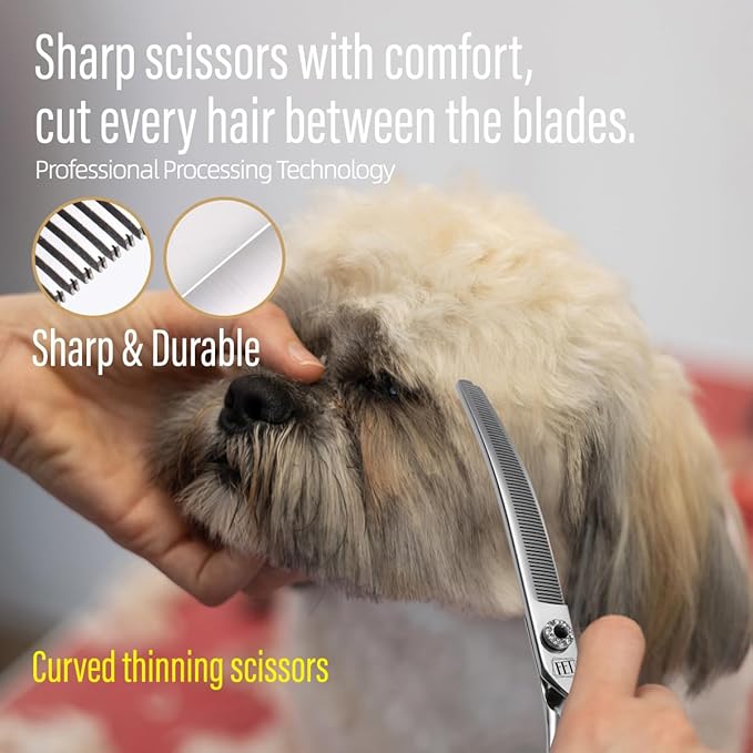 Dog Grooming Scissors: 7.5 inch Professional Pet Curved Thinning Shears Made Of Japanese 440C Advanced Stainless Steel for Dogs Cats and Other Pets
