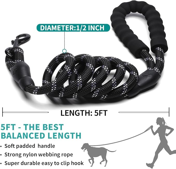 COOYOO Dog Leash 6 FT Heavy Duty - Comfortable Padded Handle - 1/2 inch Reflective Dog Leash for Medium Large Dogs with Poo Bag Dispenser