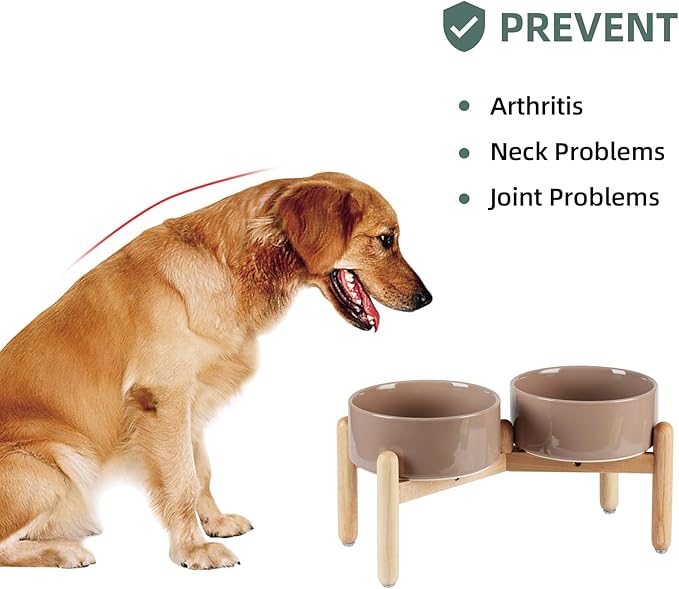 Ceramic 7.3inch Raised Double Bowls Set with Wooden Stand, Food & Water Bowls for Medium Breed Dogs, Weighted Dog Dishes, Pet Feeder(Brown Coffee)