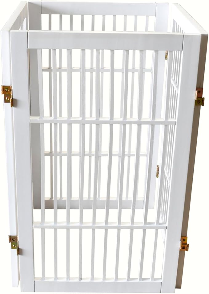 Pet Dog Gate Strong and Durable Freestanding Folding Acacia Hardwood Portable Wooden Fence Indoors or Outdoors by Urnporium (White Pet Gate, 4 Panel 30" Tall)