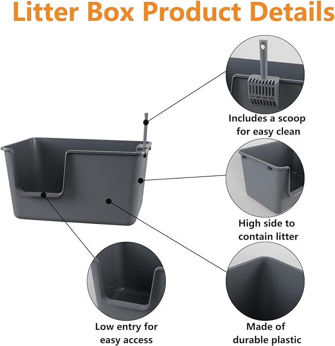 Extra Large Kitty Litter Box with High Sides, Gray Plastic Open Top Cat Litter Box with Scoop, 2 Packs