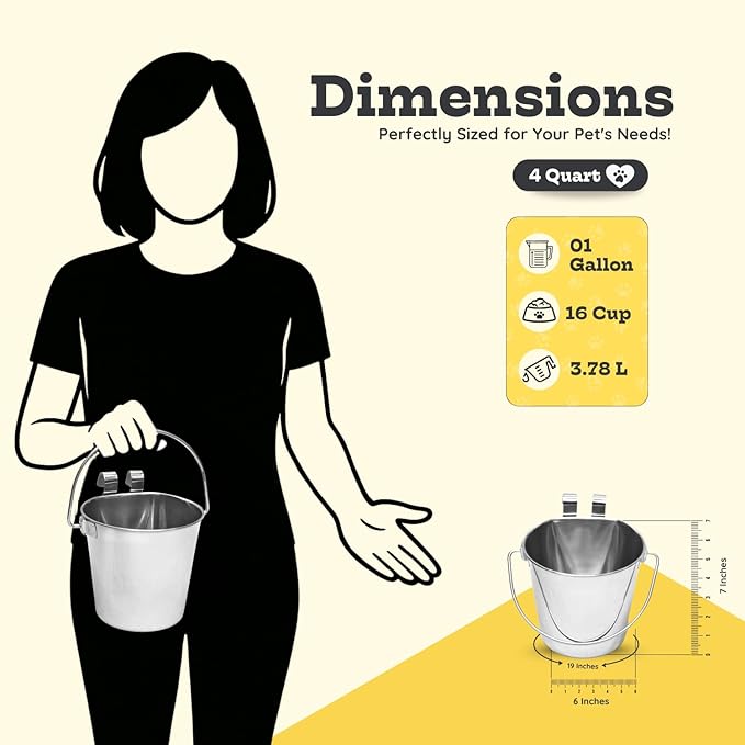 4 Quart Stainless Steel Flat Sided Pail with Dual Hooks | Hanging Bucket for Dogs, Cats, Goats & Livestock | Durable Food & Water Bowl Fits Kennels, Crates & Cages | Multipurpose Use