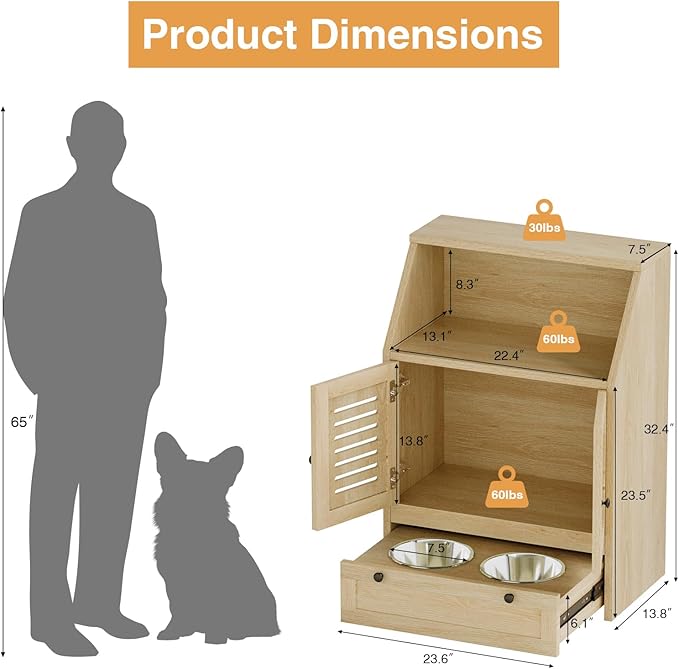Giluta Dog Feeding Station with Storage Cabinet and 2 Elevated Dog Bowls, Hidden Pet Feeder Station Wood, Dog & Cat Storage Organizer, Natural Wood