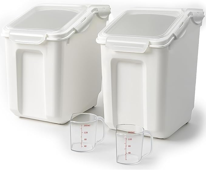 2 Pack Large Dog Food Storage Container, Flour Rice Storage Bin with 2 Measuring Cups, 25Lbs (15 Liters) with Wheels Seal Locking Lid PP Material, Sugar, Cereal and Dog Cat Pet food Containers