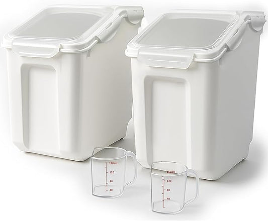 2 Pack Large Dog Food Storage Container, Flour Rice Storage Bin with 2 Measuring Cups, 25Lbs (15 Liters) with Wheels Seal Locking Lid PP Material, Sugar, Cereal and Dog Cat Pet food Containers