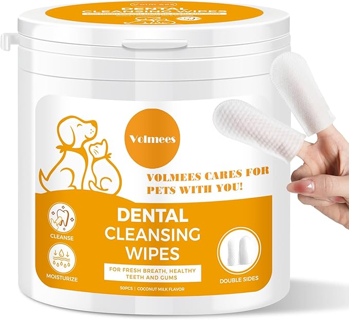 Pet Dental Finger Wipes for Dogs and Cats, Dog Teeth Cleaning Wipes, Dog Dental Care Wipes, Reduce Plaque & Tartar Buildup, Freshen Breath, Cleaner Mouth, Coconut Scent, 50Pcs