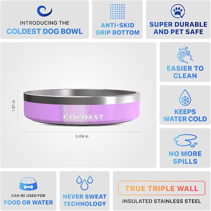 Coldest Dog Bowl - Anti Rust Metal, Non Slip, 3 Layers Insulated Stainless Steel Dog Bowls - Spill Proof & Heavy Duty - Water Bowl for Dogs, Cats, Dish Washer Safe (21 oz,Saturn's Moon Purple Glitter)