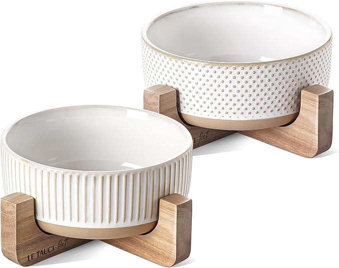 LE TAUCI PET Ceramic Dog Bowls for Medium Small Dogs - 4 Cup Medium Dog Food and Water Bowls with Wood Stand, Cute Pet Dishes Set of 2, Lines+Dot