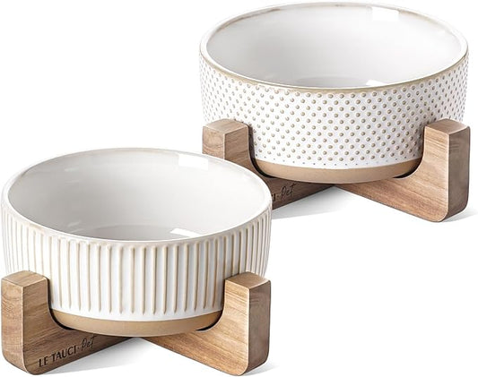 LE TAUCI PET Ceramic Dog Bowls for Medium Small Dogs - 4 Cup Medium Dog Food and Water Bowls with Wood Stand, Cute Pet Dishes Set of 2, Lines+Dot