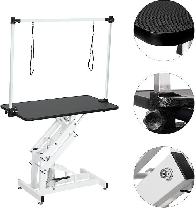 Hydraulic Pet Grooming Table for Large Dogs Professional Heavy Duty Adjustable Height - Portable Trimming Table Drying Table w/Arm/Noose, Maximum Capacity Up to 330Lb, 42.5''/ Black