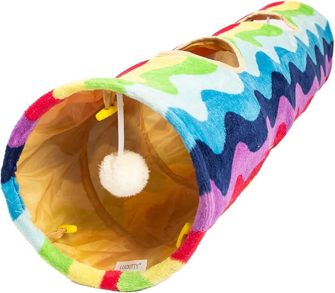 LUCKITTY Cat Tunnel -Straight-Shaped, Rainbow Wave Color, Soft Velvet Exterior, Oxford Fabric Fog-Proof Interior, Plush Toy Ball, Easily Washable, Conveniently Foldable, 47.2in/120cm