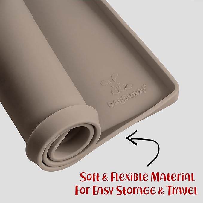 DogBuddy Dog Food Mat – Waterproof Dog Bowl Mat for Food and Water, Silicone Pet Feeding Mats for Floors, Non-Slip Placemat with High Edges for Dogs Bowls, Puppy Essentials (Large: 24"x16", Taupe)