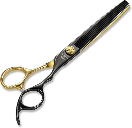 7.5'' Thinning Dog Grooming Scissors with Decorative Screw Sharp and Durable Black and Gold 440C Stainless Steel Dog Thinner Shears Easy Use for Groomers and Beginners.