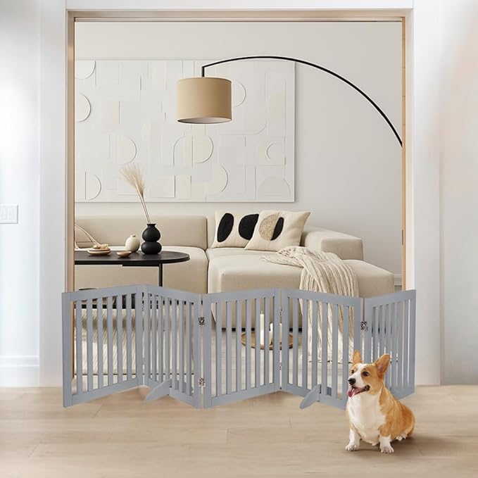 unipaws 24”H Free Standing Pet Gate for Dogs and Cats, Wooden Dog Gates for Doorway, Stairs, Dog Room Divider, Step Over Foldable Pet Fence for The House, Expandable Barrier, Indoor Use, Grey
