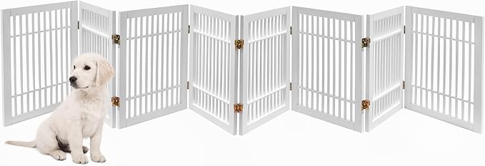 Pet Dog Gate Strong and Durable Freestanding Folding Acacia Hardwood Portable Wooden Fence Indoors or Outdoors by Urnporium (White Pet Gate, 8 Panel 24" Tall)