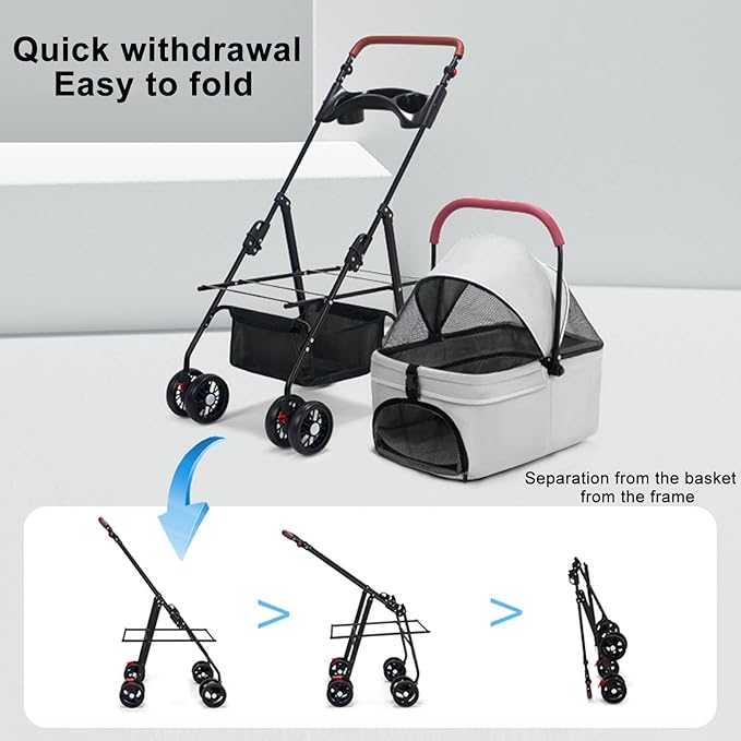 Pet Stroller-Folding 4 Wheels Cat/Dog Stroller for Medium Small Pets with Storage Basket and Cup Holder Suitable for Going Out and Traveling (Grey)