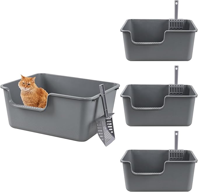 4-Pack Cat Litter Box with High Sides, Grey Open Top Litter Box