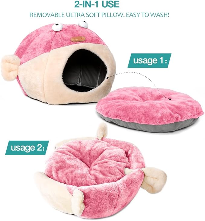 Cat Beds for Indoor Cats - Cat Bed Cave with Removable Washable Cushioned Pillow, Soft Plush Premium Cotton No Deformation Pet Bed, Lively Pufferfish cat House Design, Pink, Multiple Sizes