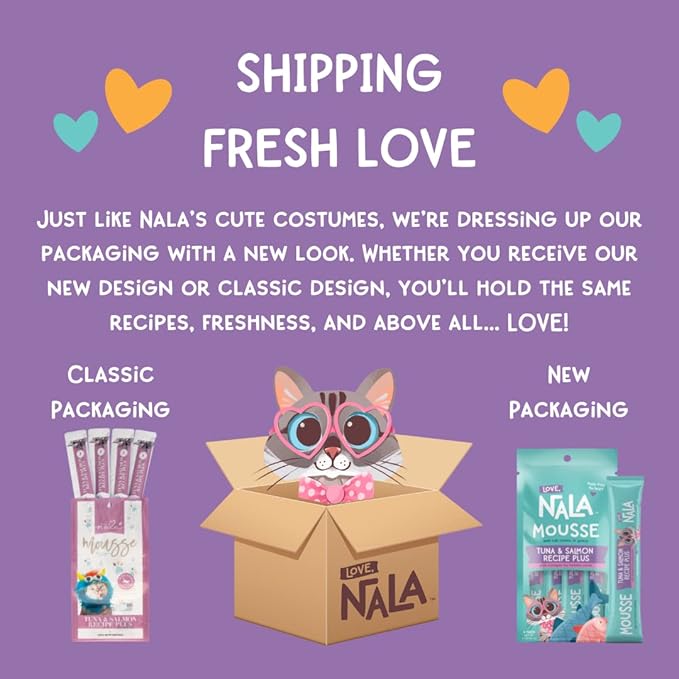 LOVE, NALA - Natural Lickable Cat Squeeze Up Treat,Topper - Tuna & Salmon Mousse - Wet Food Cat Puree - Grain Free, Non-GMO, Minerals, Vitamins - 4 Pack 2 oz.