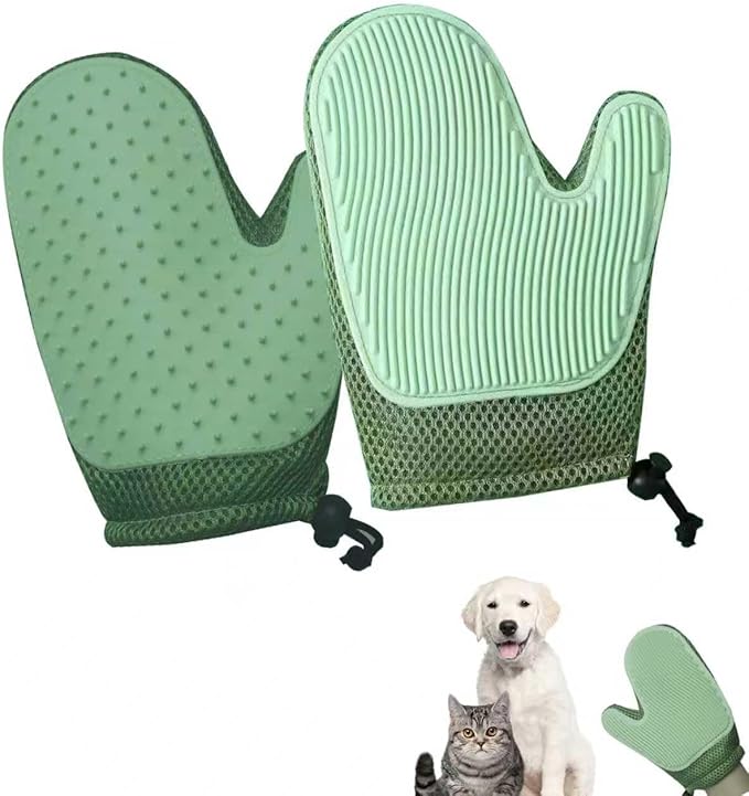 Pet Hair Remover Gloves Bath Brush Gentle Shedding Brushes,Pet Hair Remover Tool for Carpet, Curtain, Clothing, Couch, Car Seat (Green)