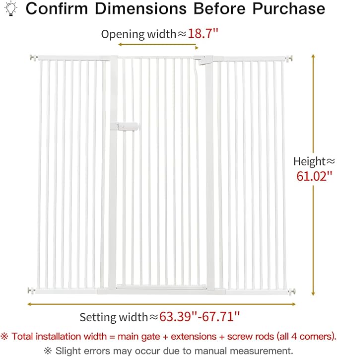Lumizone Extra Tall Cat Gate 61.02" High Pressure Mounted Extra Wide 2025 New (17 Sizes) 1.37" Gap No Drilling Auto-Close One-Handed Operation Tall Pet Gate for Dogs(White, 63.39"-67.71"/161-171.5CM)