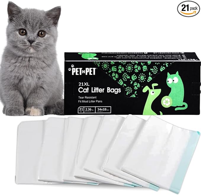 PET N PET Cat Litter Box Liners Bags Extra Large, Heavy Duty Tear Resistant & Drawstring Closure Cat Litter Bags, Waterproof Kitty Box Liners Fits Litterbox Pan Sizes, 34" x 18", 21 Count