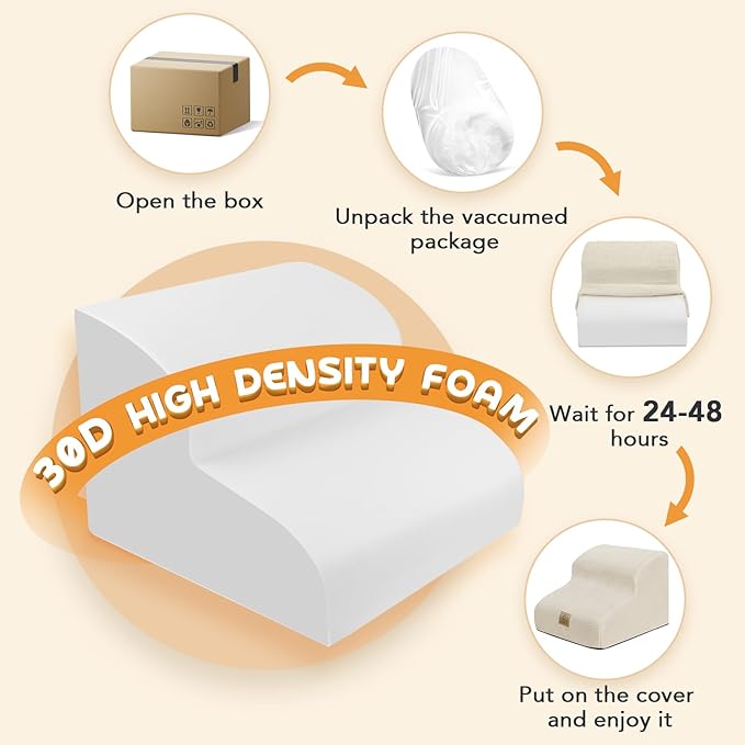 Mestuel Dog Stairs for Small Dogs Cats, Small Pet Stairs Steps, Foam 2-Tier Pet Stairs Steps for Couch Sofa, Dog Ramp Ladder Indoor with Nonslip Bottom &Washable Cover, Beige