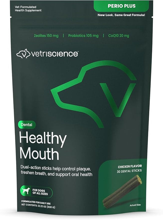 VetriScience Healthy Mouth Dental Chews, Perio Plus Sticks for Dogs, with Probiotics, Spirulina & Zeolites, Breath Freshening, Plaque & Tartar Control, Chicken, 30 Count
