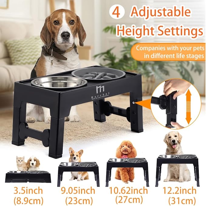 Marchul Elevated Dog Bowls for Medium Large Dogs, 4 Height Adjustable Dog Bowl Stand 3.5''/ 9.05''/ 10.62''/ 12.2'', with 1 Slow 1*Feeder Dogs Bowl & 2 * 40.5oz