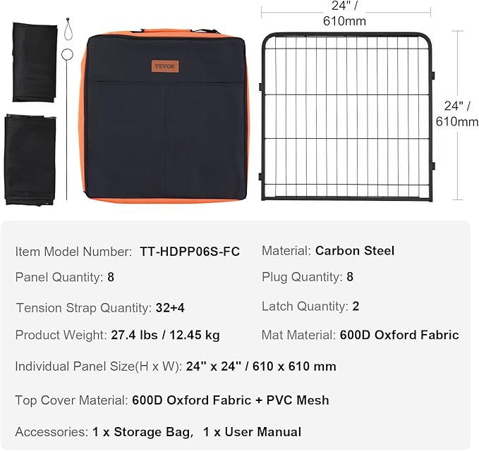 VEVOR Foldable Dog Playpen, 8-Panel Metal Pet Exercise Pen, 24"x24" Dog Fence with Door, Storage Bag, Top Cover, and Bottom Pad for Indoor and Outdoor Use - Ideal for Dogs, Cats, and Small Animals