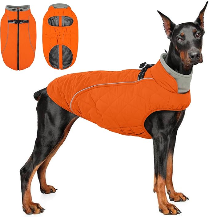 QBLEEV Large Dog Coat, Dog Winter Jacket for Large Dogs, XXLarge Waterproof Cold Weather Vest with Zipper & Reflective, Windproof Built-in Harness Warm Fleece Snowsuit Clothes Retriever, Orange, XXL
