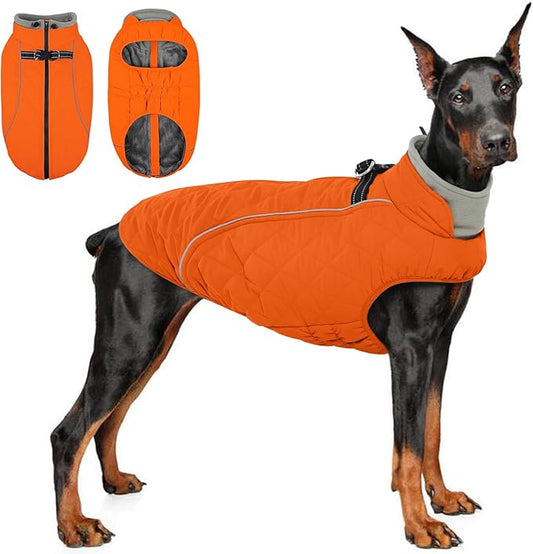 QBLEEV Large Dog Coat, Dog Winter Jacket for Large Dogs, XXLarge Waterproof Cold Weather Vest with Zipper & Reflective, Windproof Built-in Harness Warm Fleece Snowsuit Clothes Retriever, Orange, XXL