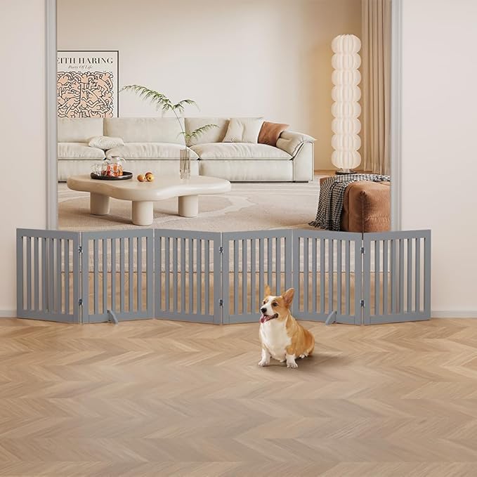 unipaws 120" Extra Wide Pet Gate, Free Standing Dog Gate for Doorways, Stairs, Foldable Puppy & Room Divider, Wooden Playpen for The House, Indoor Use (24" H, Grey)