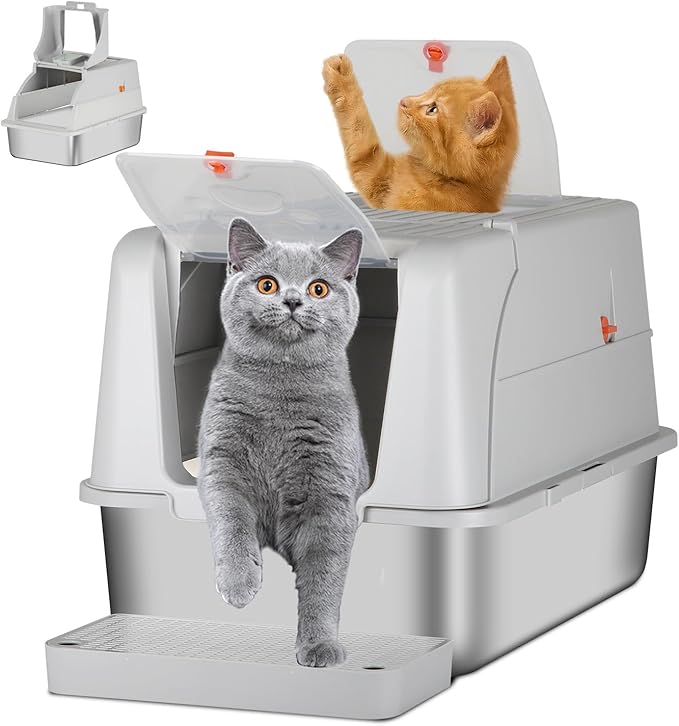 Enclosed Stainless Steel Cat Litter Box with Lid, Front & Top Flap, 180° Flip-top Design, Extra Large Metal Cat Litter Box with Scoop & Filter Pedal,Odor-Resistant (Light Gray)
