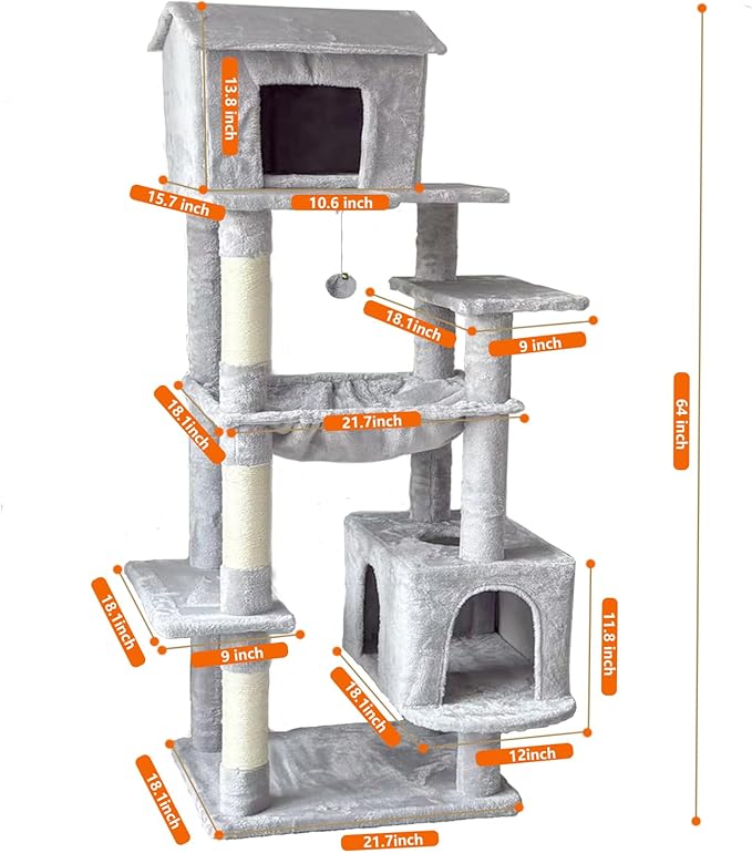 Tall Cat Tree 63 in, Multilevel Cat Tower for Adult Cats, Climbing Tree House and Towers with Condo Hammock Scratching Post Wide Base (Light Gray, 63 in)