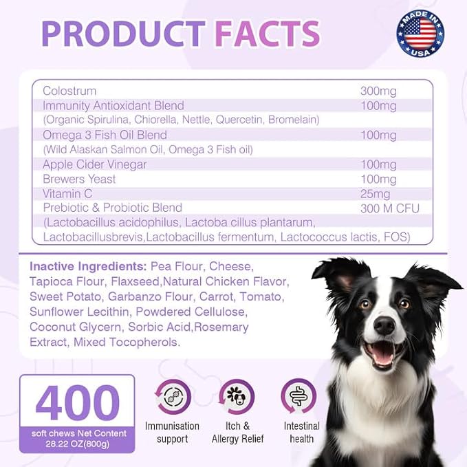 Dog Allergy Chews 400PCs,Dog Allergy and Itching Skin Relief Anti Itch Aller Immune Bites for Dogs Itching Licking Paws Treatment Relief Itchy Aller Probiotics Vitamins for Skin and Coat Allergies