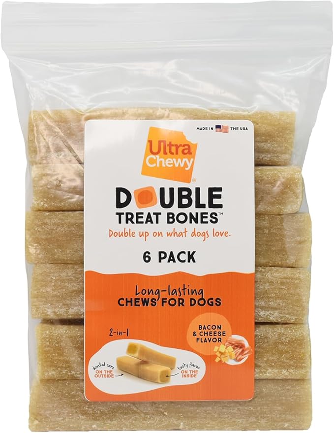 Ultra Chewy Bacon and Cheese Double Treat Bones: Long-Lasting Chews Made in USA, Highly Digestible, for Aggressive Chewers (6 Count)