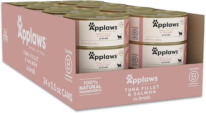 Applaws Natural Wet Canned Cat Food, Limited and Natural Ingredients, High Protein with No Artificial Additives, Tuna Fillet & Salmon in Broth (24 x 5.5oz Cans)