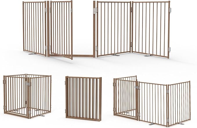 No Pawblems Free Standing Dog Gate with Door, 30'' Tall Foldable Dog Fence for Indoor & Outdoor, Up to 104" Extra Wide Puppy Gate for Stairs, Hallways, Doorways, Deck, Yard (Wood Pattern, 4 Panels)