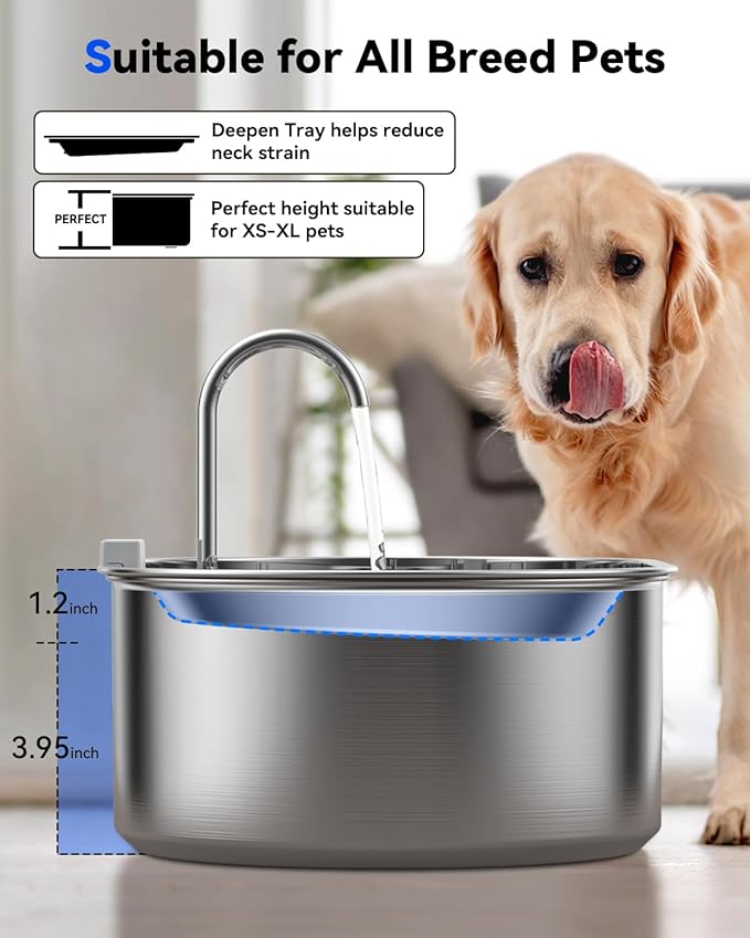 3.4Gal Dog Water Fountain for Large Dogs, 13L Stainless Steel Large Pet Fountain with Deeper & Wider Drinking Area, Automatic Dog Water Bowl Dispenser with Water Window & LED, Super Quiet