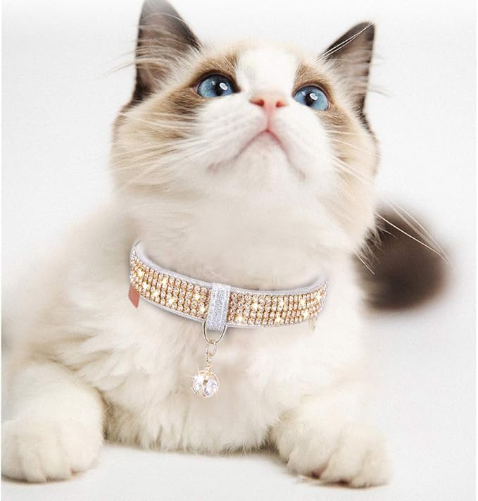 PetsHome Cat Collar, Dog Collar, [Bling Rhinestones] Premium PU Leather with Pendant Adjustable Collars for Cat and Small Dog Extra Small Silvery