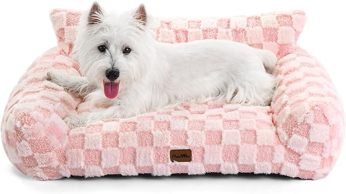 MADE 4 PETS Cat and Dog Indoor Couch Bed, Soft Faux Fur Checkered Pet Sofa, Cozy Fluffy Pet Sofa with Supportive Foam, Removable Washable Cover with Non-Slip Base, Pink, Medium