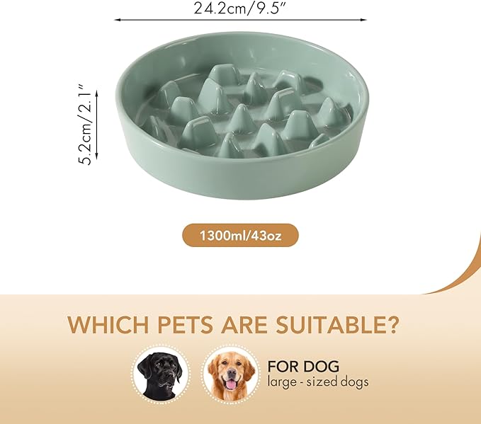 Ceramic 9.5 inch Dog Bowl Slow Feeder, Slow Pet Food Dish for Large Dog, Stop Bloat, Preventing Choking(Single Bowl,Light Green)