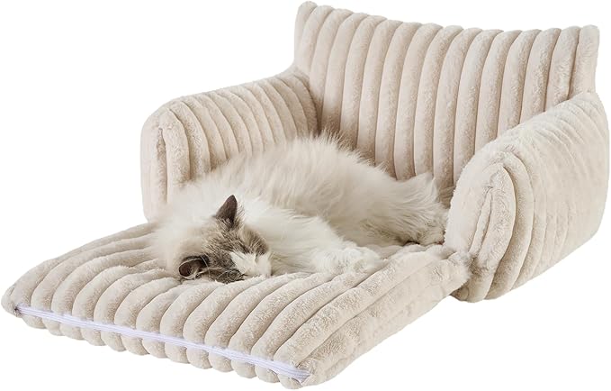 Hollypet Cat Bed Fluffy Plush Mutifuctional Double-Layer Soft Pet Couch Orthopedic Sofa Nest Beds for Small Cats and Dogs, Cream (25x20x13 inch)
