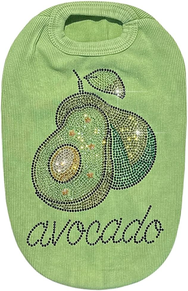 Washed Cotton Pet Vest with Rhinestone Fruit Designs, Soft & Stylish Small Dog Cat Vest for Spring Summer, Breathable & Shiny (Green-Avocado, Large)