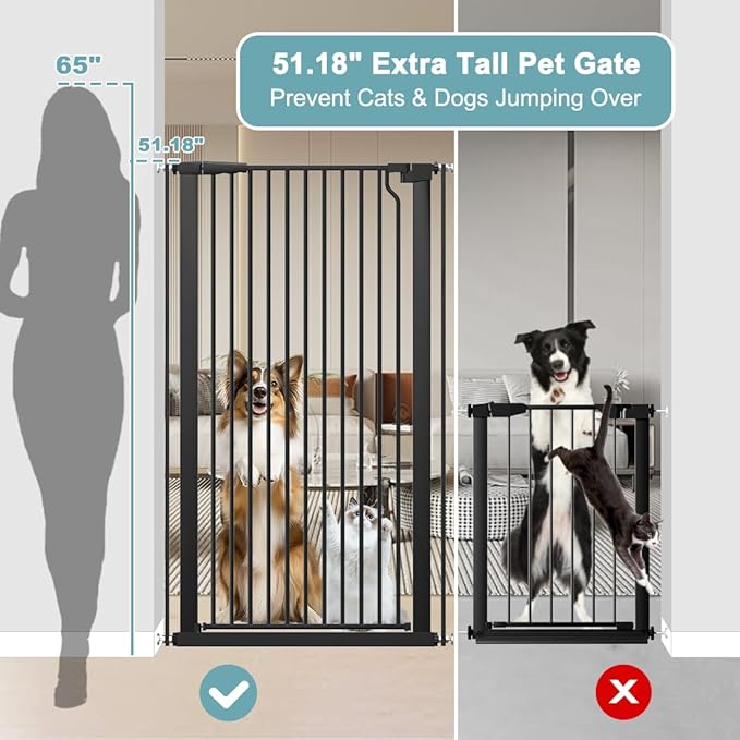 51.18" Extra Tall Pet Gate for Cats Dogs-29.6"-32.6" Extra Wide Baby Cat Gate for Stairs and Doorways-1.37" Ultra Narrow Spacing Dog Gate Dog Door with One-Handed Operation(29.6"-32.6")