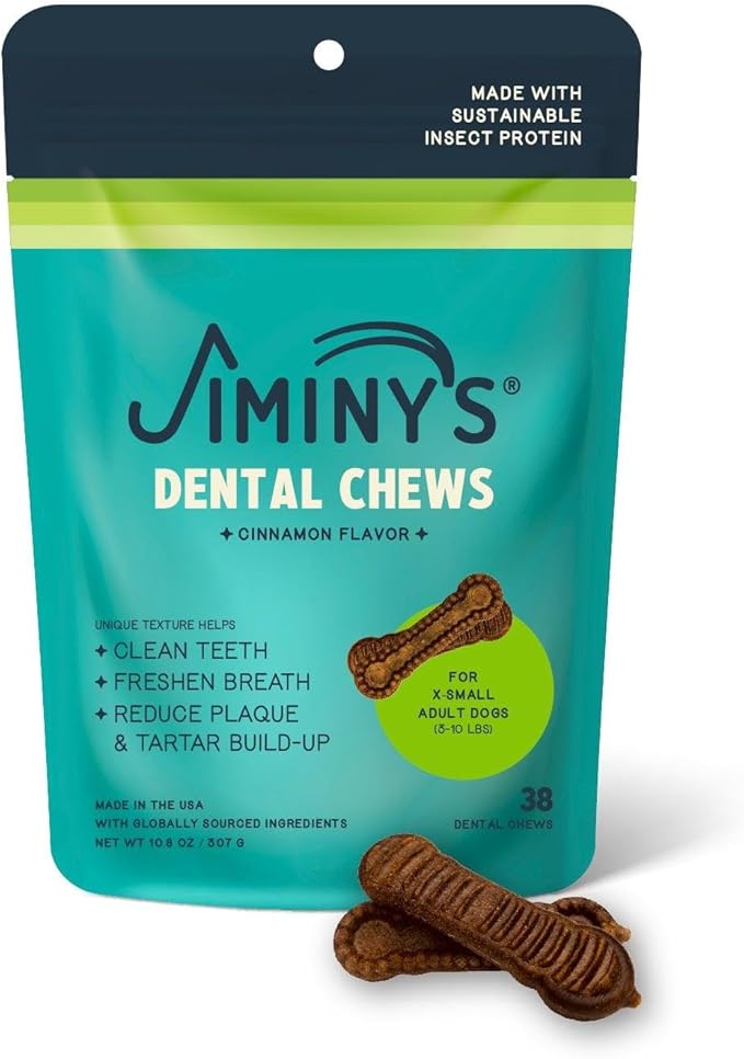 Jiminy's Dental Chews for Dogs, Cinnamon Flavor, Scientifically Proven to Improve Oral Health, Dental Bones Clean Teeth, Fight Bad Breath, and Removes Plaque and Tartar, X-Small, 38ct (Pack of 1)