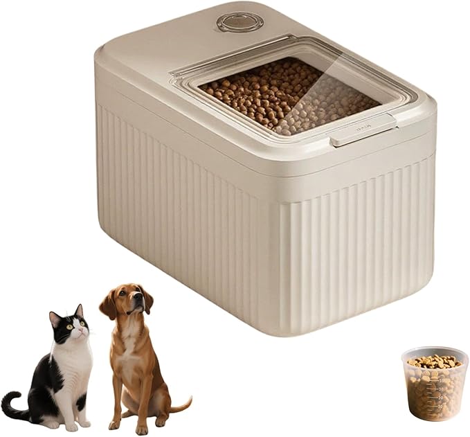 Dog Food Storage Container,2025 High-Capacity Pet Food Container Airtight with Cup,Durable Design for Dog/Cat/Bird Food Storage, Keep Dry Food Fresh (Beige, 15 Pounds)