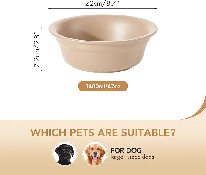 Ceramic 8.7inch Dog Bowl for Large Dogs, Basic Food and Water Bowl for Replacement, Wide Opening Rounded Edge(Single Bowls, Oat Beige)